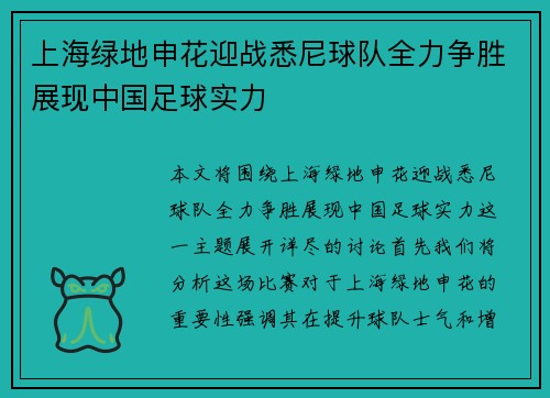 上海绿地申花迎战悉尼球队全力争胜展现中国足球实力