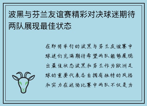 波黑与芬兰友谊赛精彩对决球迷期待两队展现最佳状态