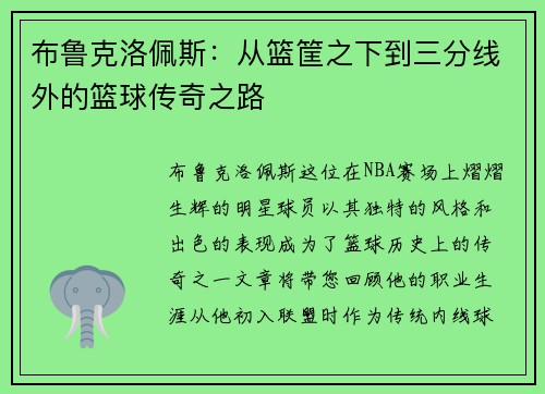 布鲁克洛佩斯：从篮筐之下到三分线外的篮球传奇之路