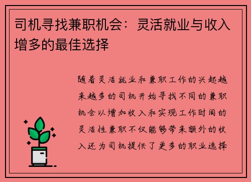 司机寻找兼职机会：灵活就业与收入增多的最佳选择