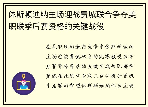 休斯顿迪纳主场迎战费城联合争夺美职联季后赛资格的关键战役